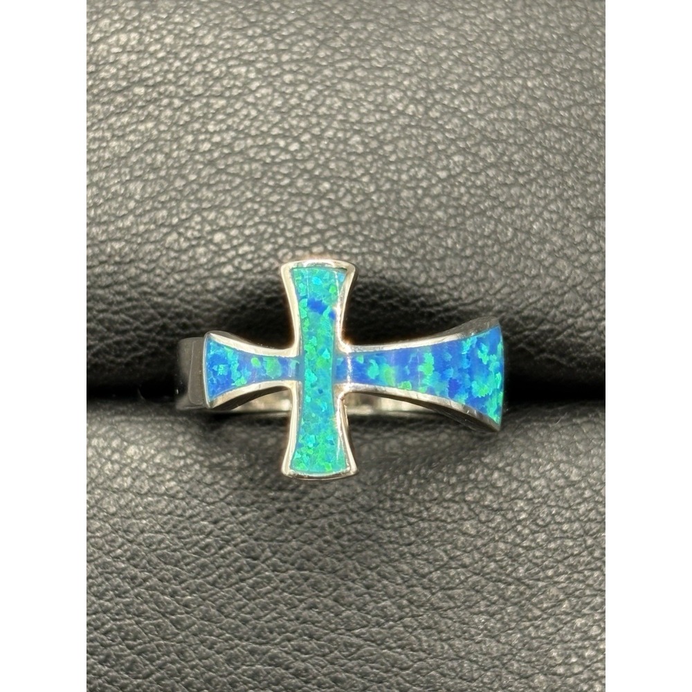 New Condition Sterling Silver Lab Blue Opal Cross Ring Size 7 H19